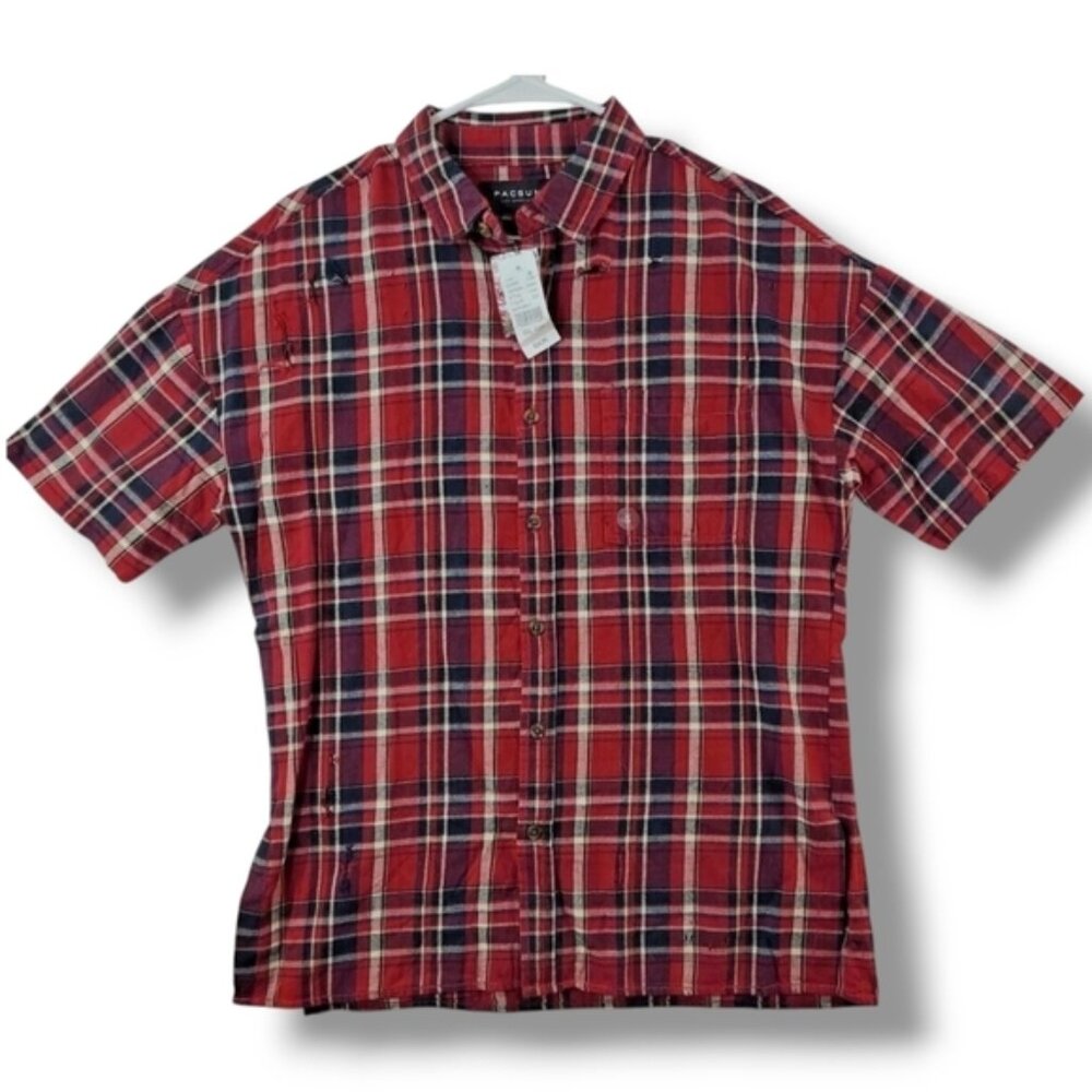 🏈*NWT* Men's PACSUN Red Plaid Men's Short Sleeve Shirt, Small, Red and Black